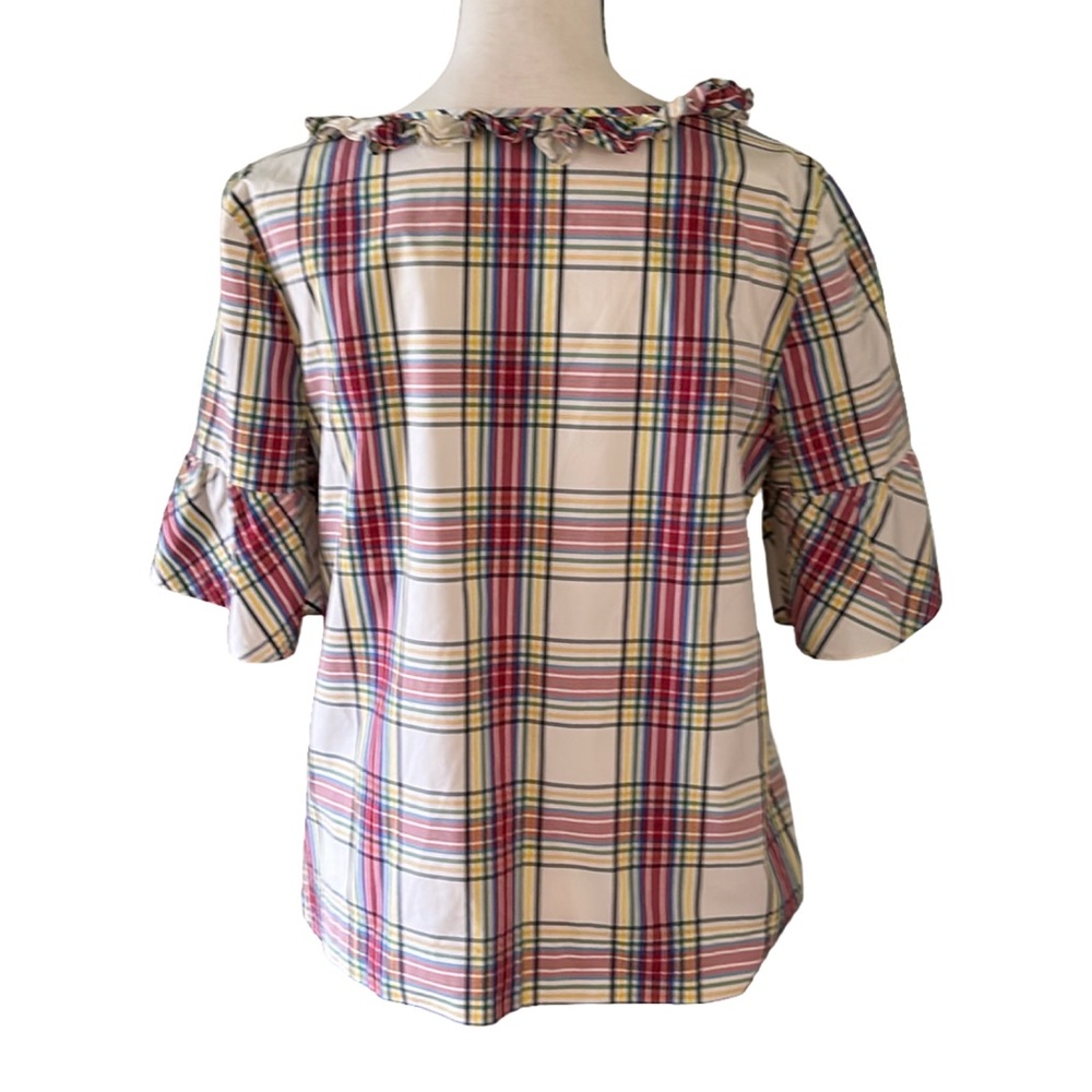 Talbots Tartan Plaid Top with Ruffle Neckline & Flutter 3/4 Sleeves Size Medium - Picture 7 of 11